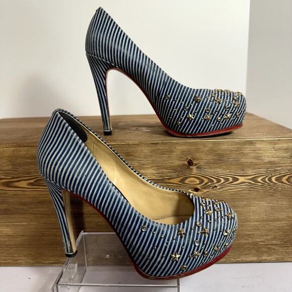 Gianni Bini Chunky Platform Ultra High Heels SZ 7 Nautical Striped Star  Retro - Picture 1 of 10